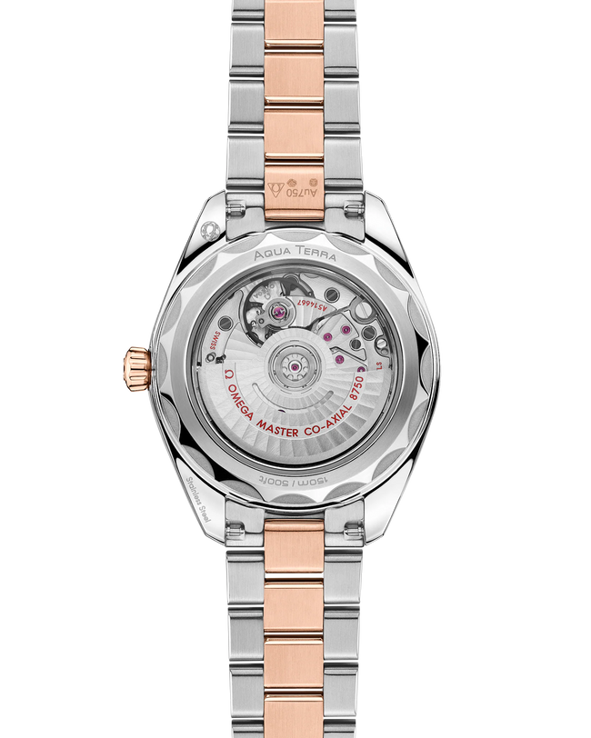 OMEGA Seamaster Aqua Terra 150M 30mm, Sedna™ gold on steel Watch Transparent Caseback on a Sedna™ gold on steel integrated two-tone bracelet.