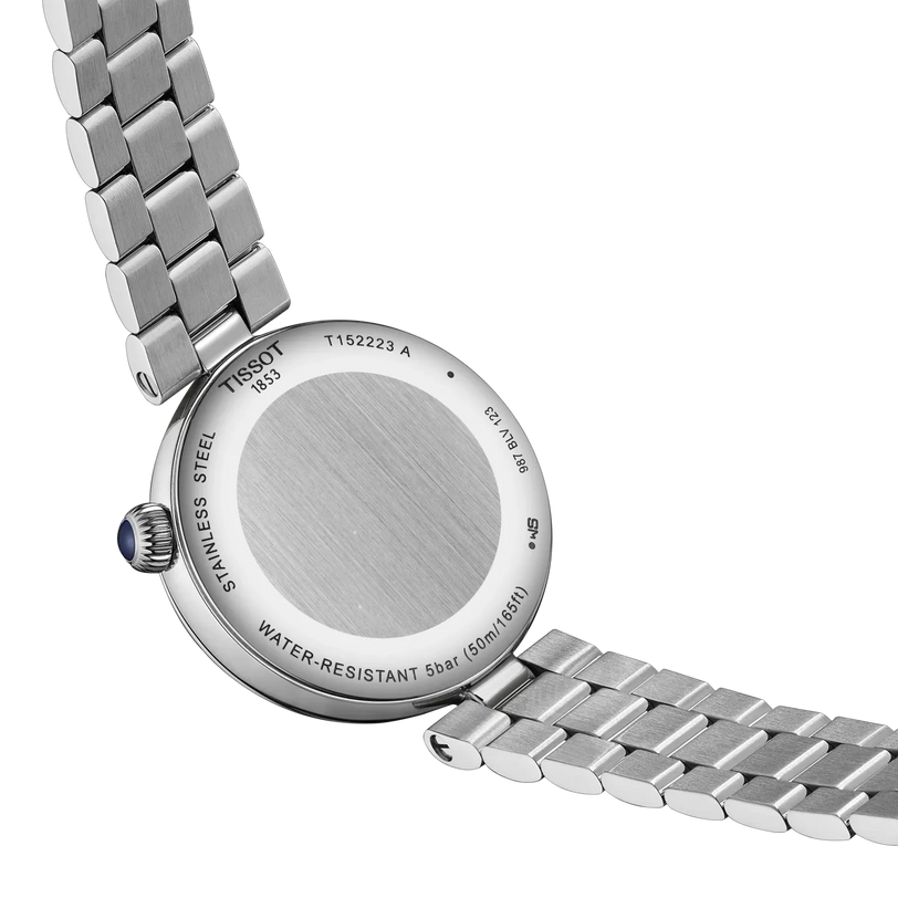 Stainless steel women's watch with linked bracelet, round dial, and blue crown.