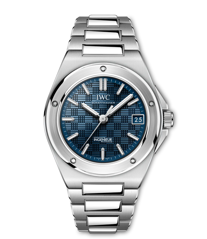 Silver stainless steel watch with blue dial, date window, and integrated bracelet.