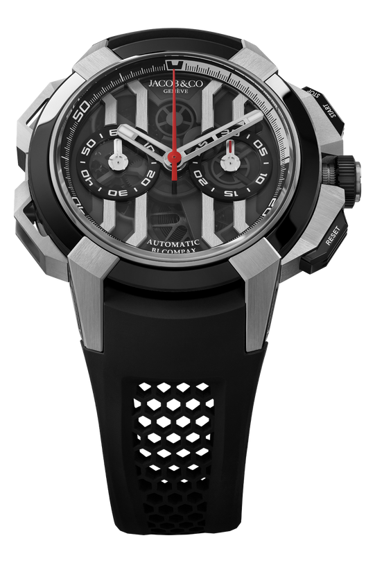 Jacq3 & Co stainless steel and black chronograph watch with red accents, black rubber strap, and exposed dial mechanism.