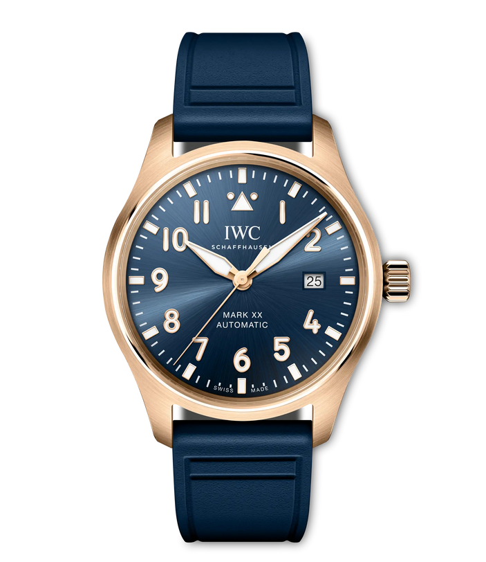 IWC Schaffhausen pilot's watch with rose gold case, blue dial, arabic numerals, and blue rubber strap.