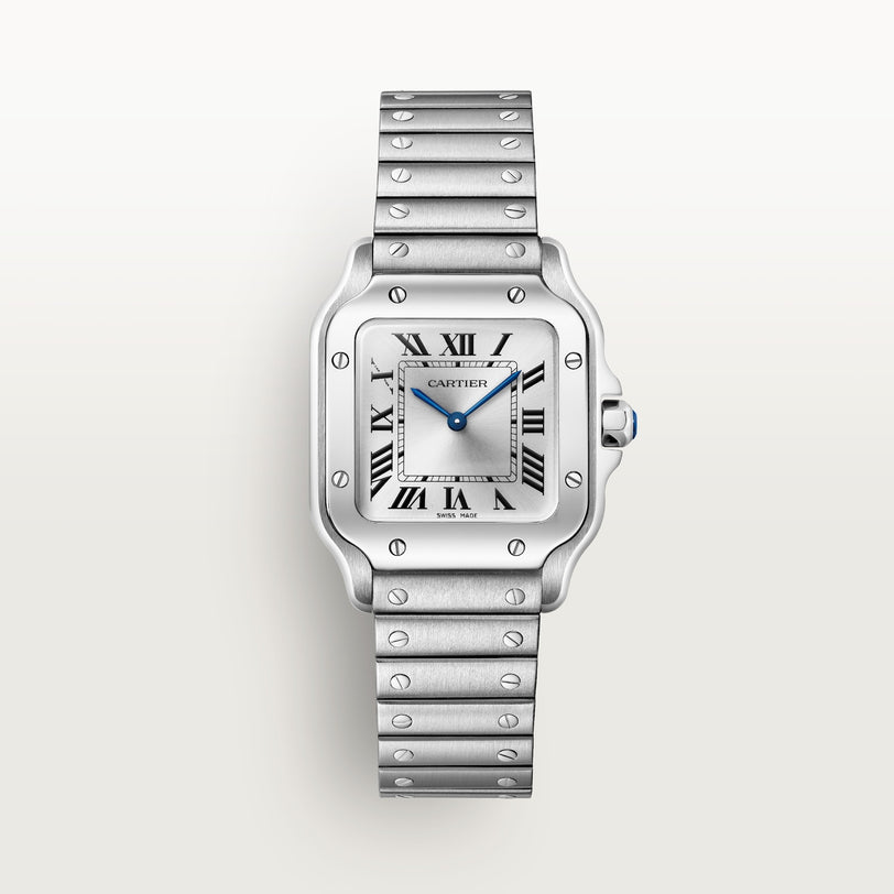 The Santos De Cartier is a silver wristwatch by Cartier featuring a square face, Roman numerals, and a metal link band.