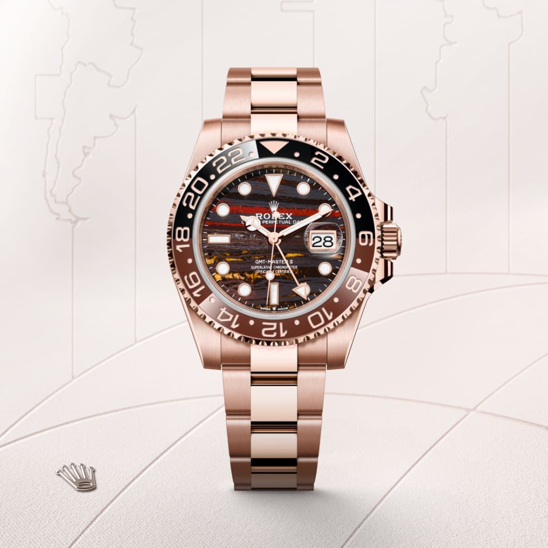 A rose gold Rolex watch with a black and brown dial displayed against a minimalist map background.