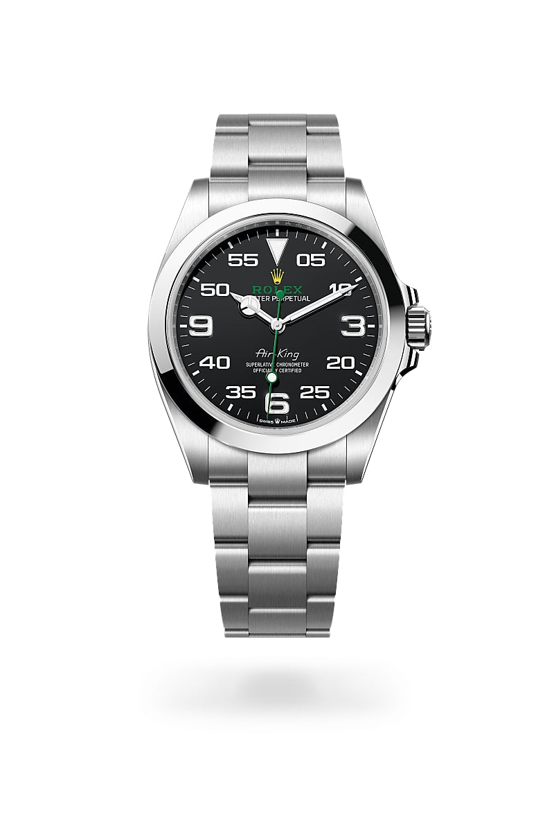 A silver Rolex Air-King watch with a black dial and white numerals on a stainless steel bracelet.