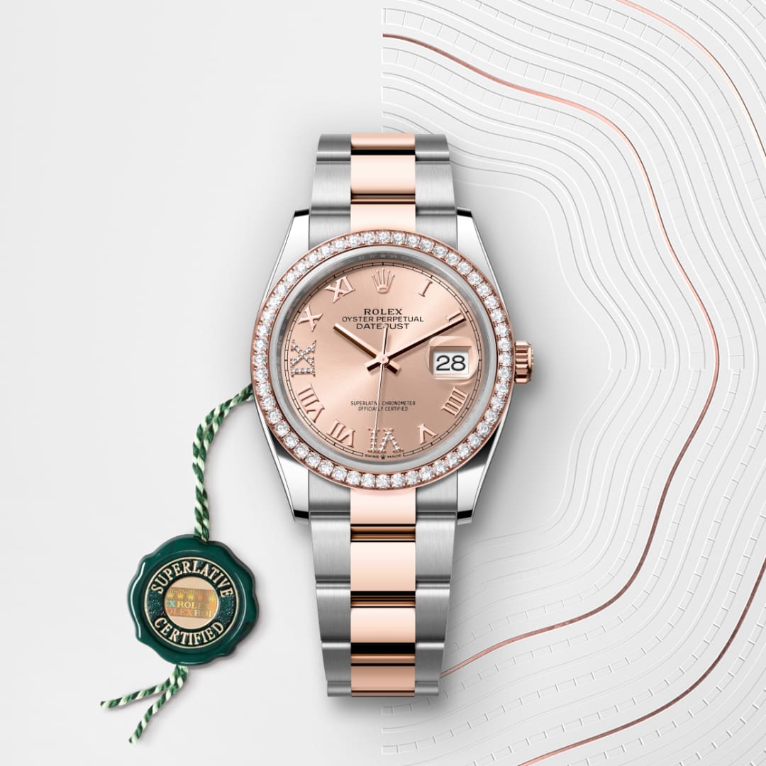 A Rolex Datejust watch with a rose gold and silver band, diamond bezel, and certification seal.