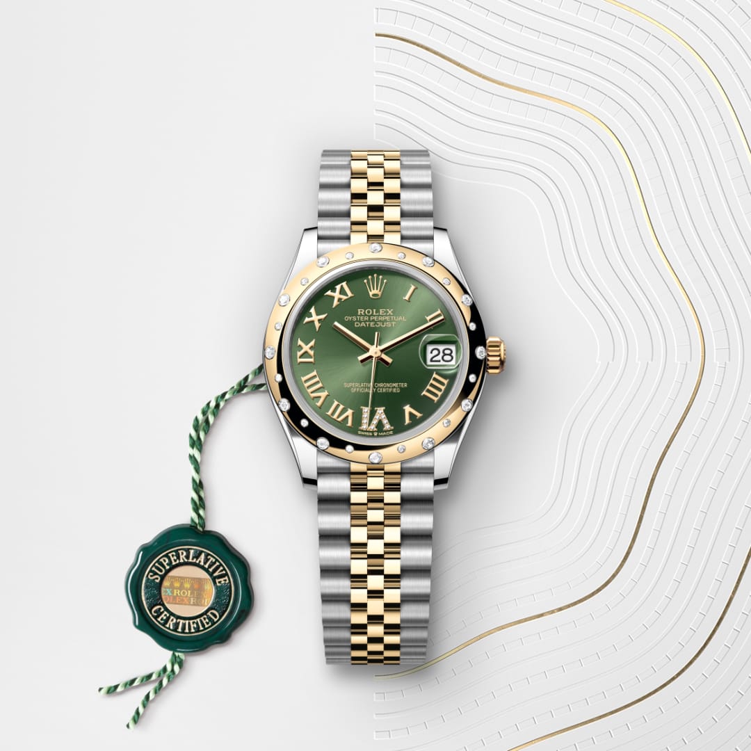 A two-tone Rolex watch with a green face and Roman numerals, next to a Superlative Certified seal.