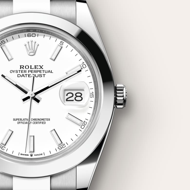 Close-up of a silver Rolex Oyster Perpetual Datejust watch with a white dial and date display showing 28.
