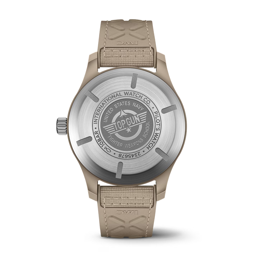 IWC Pilot's Watch TOP GUN Mojave Desert watch with brown strap and detailed engraving on the case back