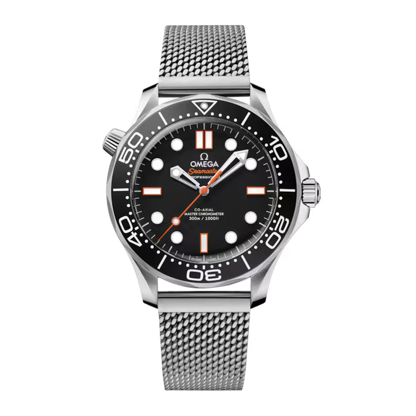 A silver OMEGA Seamaster Diver 300 watch featuring a black dial, mesh strap, and white hour markers.