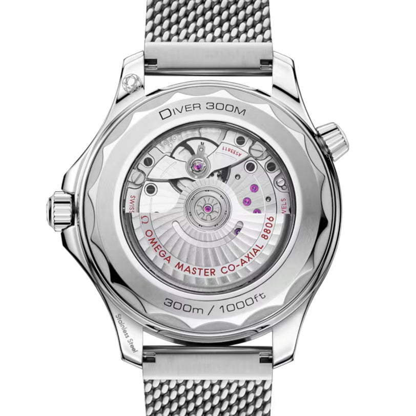 Back view of the OMEGA Seamaster Diver 300, featuring its exposed mechanical movement and stainless steel mesh strap.