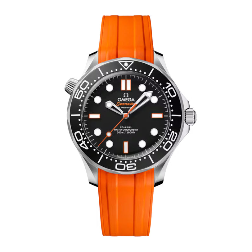 OMEGA Seamaster Diver 300 watch featuring a black dial, silver bezel, and striking orange rubber strap.