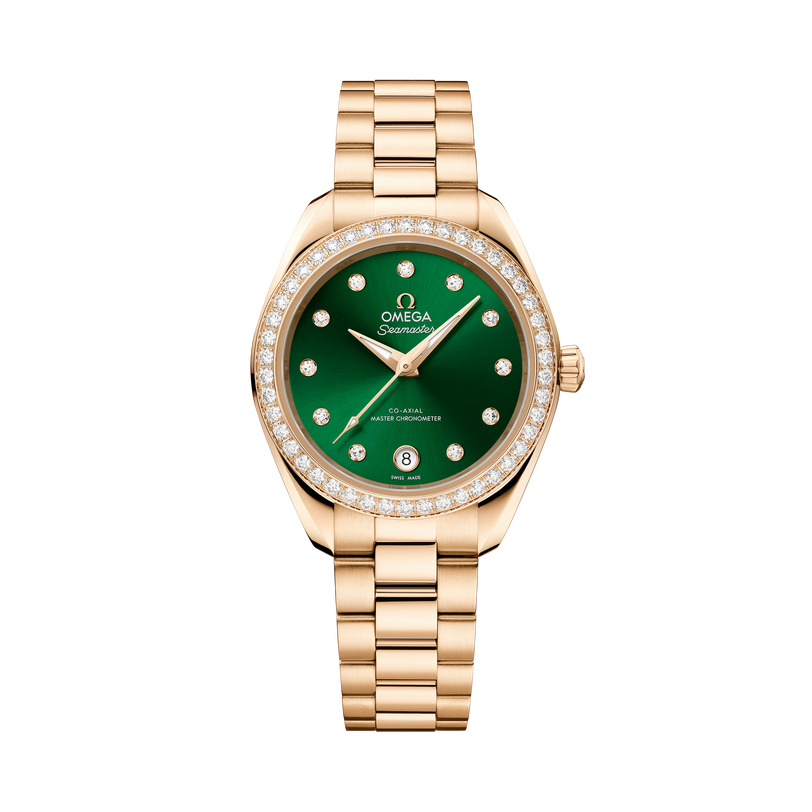 OMEGA Seamaster Aqua Terra 150M 30mm, Moonshine™ gold on Moonshine™ gold Watch, with a Diamond Bezel and Green Dial with Diamond Markers on a Moonshine™ gold integrated bracelet.