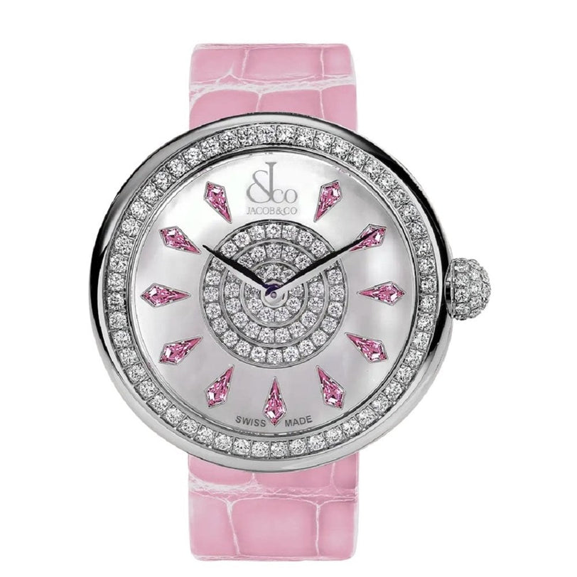 Luxury watch with silver dial, pink teardrop gemstone hour markers, diamond-set bezel and center, pink crocodile leather stra