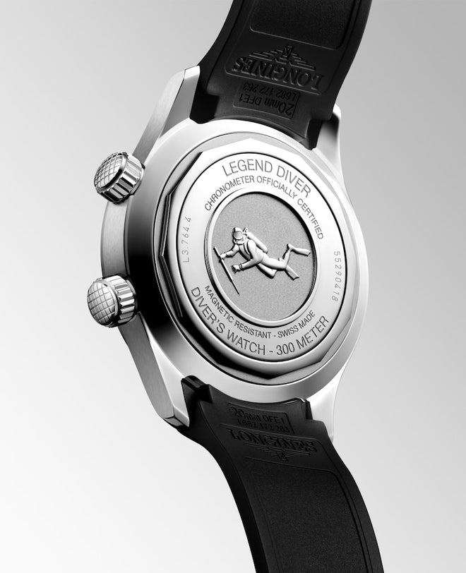 The back of the Longines Legend Diver watch features an engraved diver alongside technical specifications.