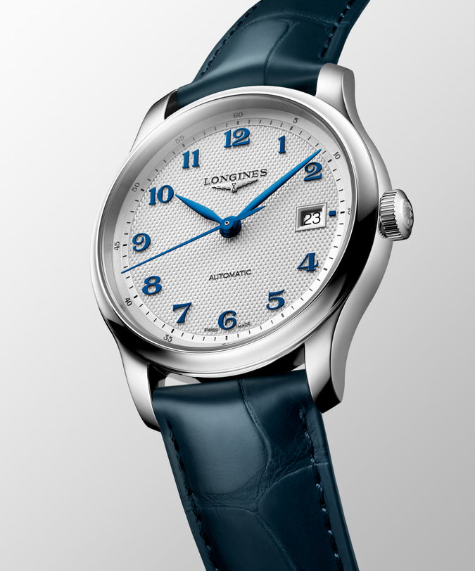 Master | 39mm, Stainless Steel, Silver "barleycorn" Dial, Blue Alligator Leather, Mens Watch