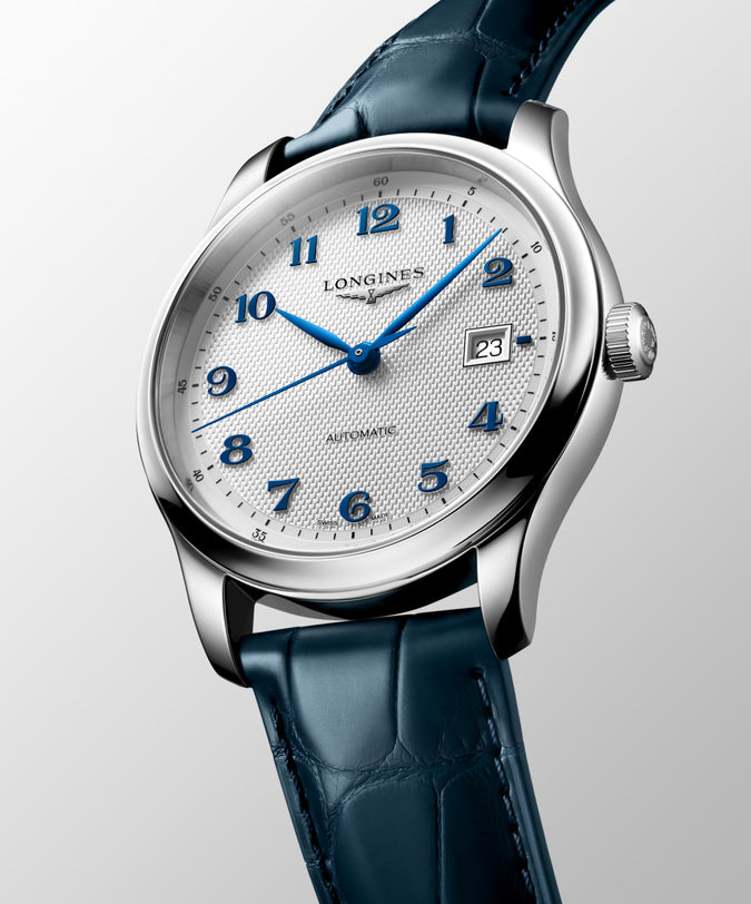 Master | 41mm, Stainless Steel, Silver "barleycorn" Dial, Blue Alligator Leather, Mens Watch