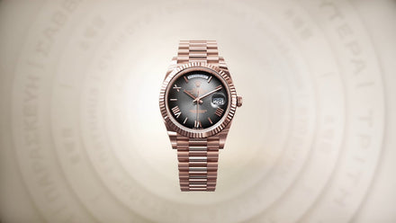 A rose gold wristwatch with a dark face, date, and day display, centered on a blurred circular background.