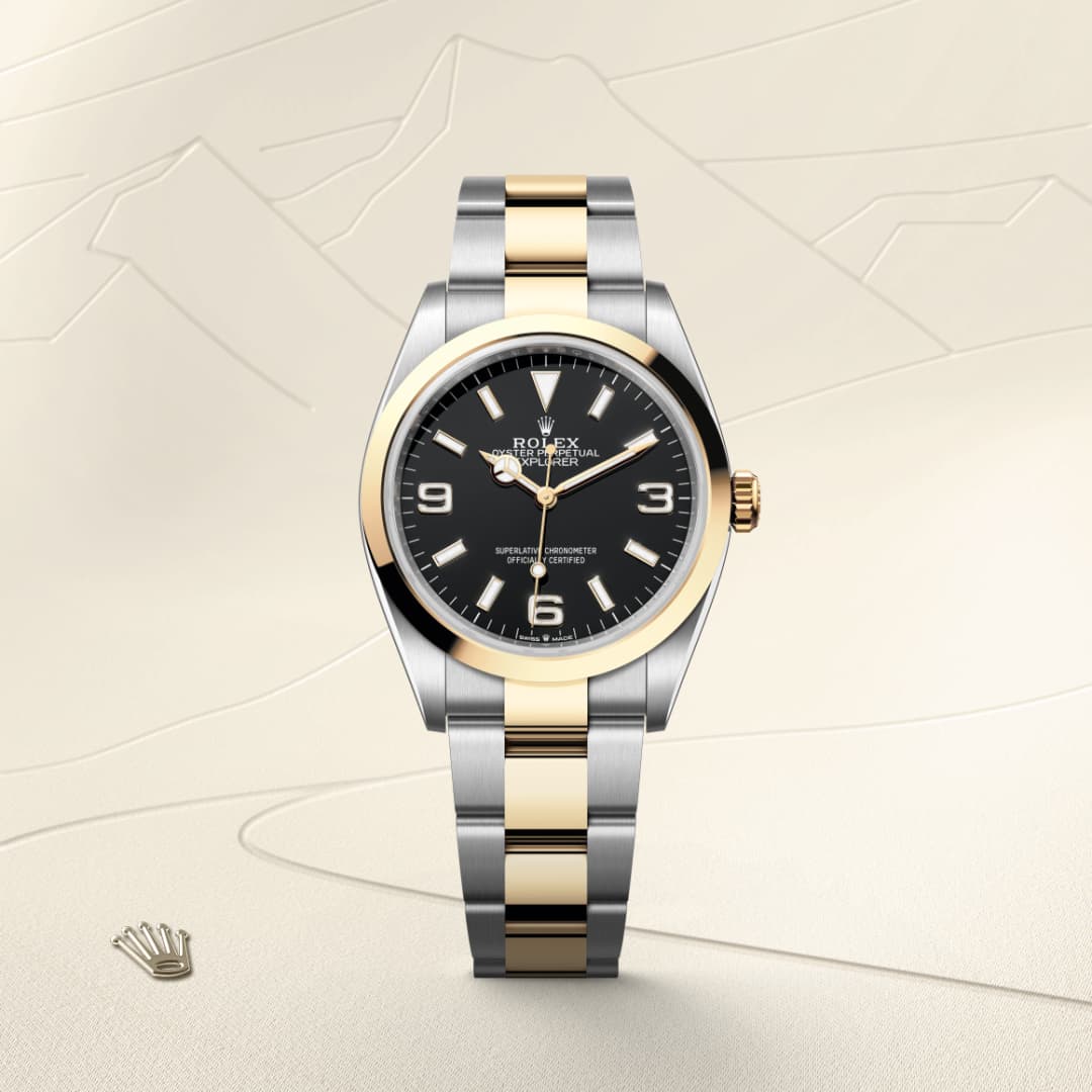 Rolex two-tone wristwatch with black dial, gold bezel, and silver-gold bracelet on a light background.