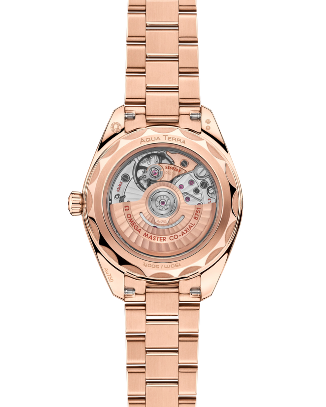 OMEGA Seamaster Aqua Terra 150M 30mm, Sedna™ gold on Sedna™ gold watch with transparent caseback on a Sedna™ gold integrated bracelet.