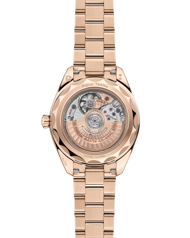 A back view of an Omega Seamaster watch showing the rose gold strap and case with a view of the mechanism inside the watch