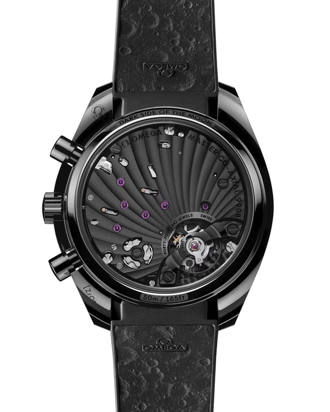 Back of OMEGA Dark Side of The Moon showing back of strap and face with black strap and black metal
