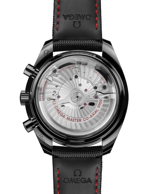 Back of OMEGA Dark Side of The Moon showing back of strap and face with red stitching