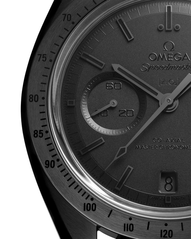 Close up of OMEGA Dark Side of The Moon with black dial and detailed matte black face