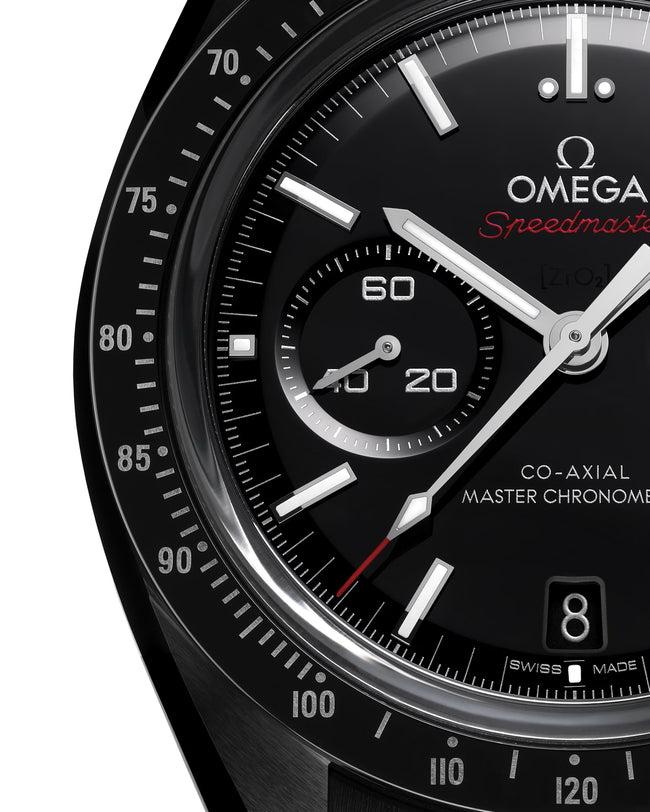Close up of OMEGA Dark Side of The Moon with white dial and detailed black and red face