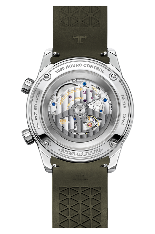 Back view of the Jaeger-LeCoultre Polaris Date, showing its open case back with Calibre 899 movement, engraved details, and an olive green textured rubber strap—blending sporty and elegant design.