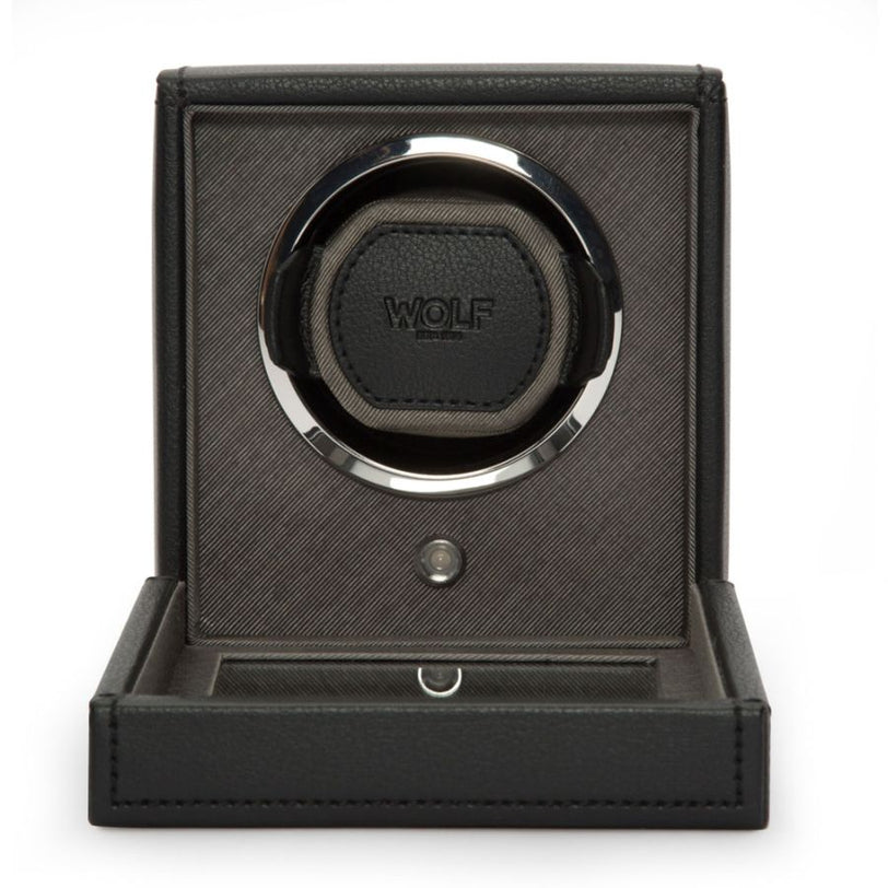 Black Wolf single watch winder with chrome accent ring and leather base platform.