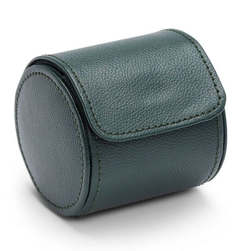 Cylindrical green leather watch roll with flap closure and stitched seams.