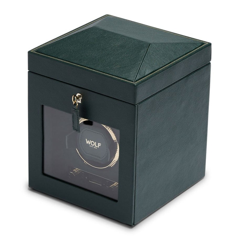 Dark green leather watch winder with gold trim, front window display, and padded top storage compartment.
