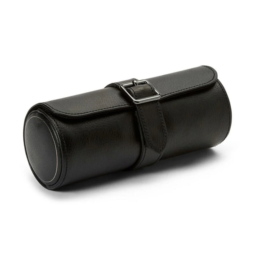 Black leather cylindrical watch roll with three compartments, metal buckle closure, and stitched seams.