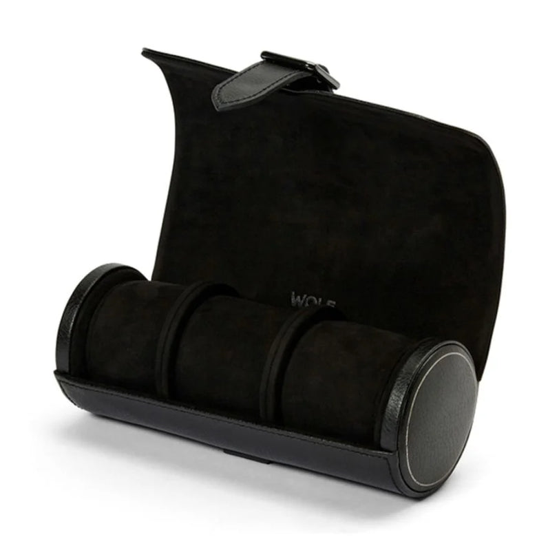 Black leather watch roll with three padded compartments and a magnetic closure strap.
