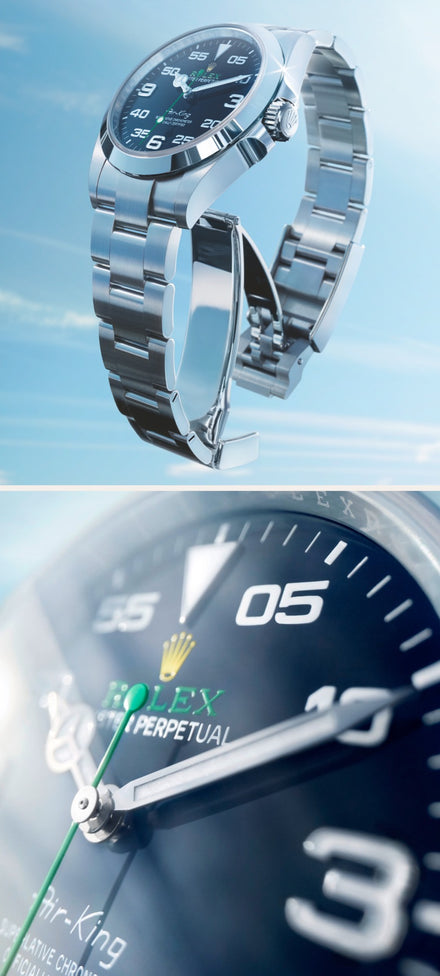 A silver Rolex watch shown in full view and in close-up, highlighting its face and details.