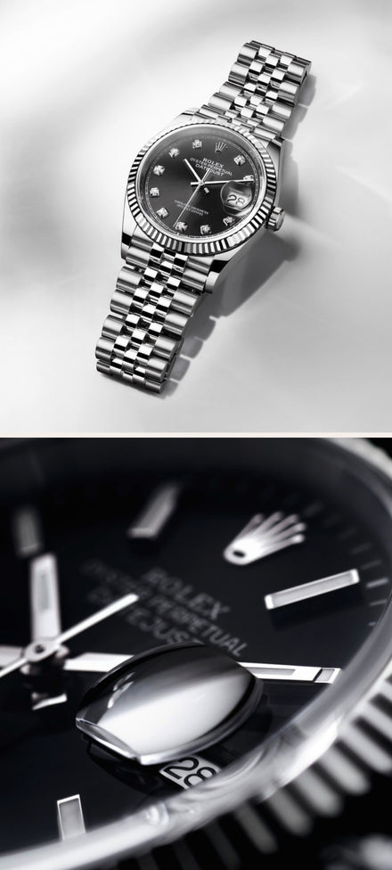 Top: Silver Rolex watch with black dial on white. Bottom: Close-up of the watch face showing details and date.