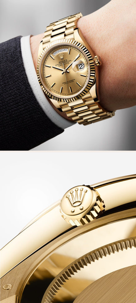 A gold luxury watch on a wrist and a close-up of its crown with an engraved logo.