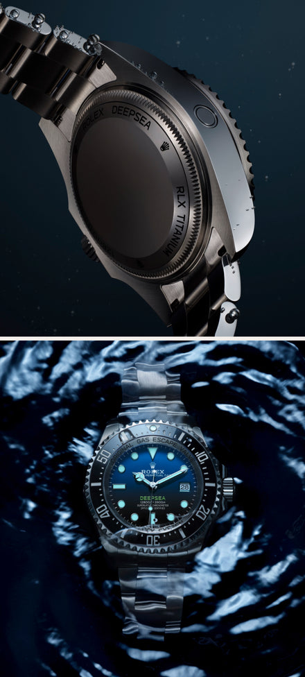 Top: Rolex Deepsea case back; bottom: Rolex Deepsea watch face over swirling blue underwater background.