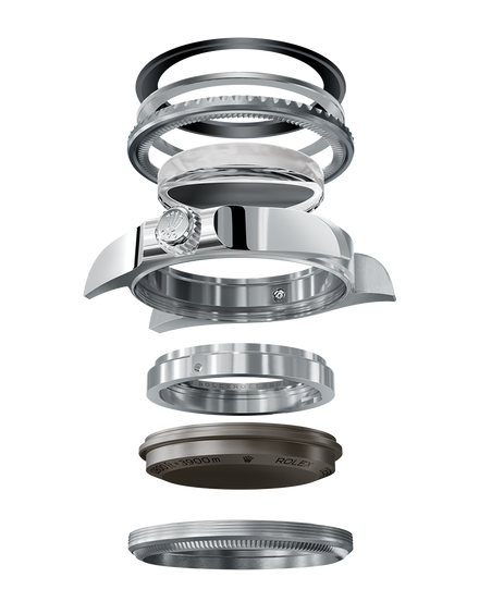 Exploded view of a luxury watch showing separated metal, glass, and gasket components on a white background.