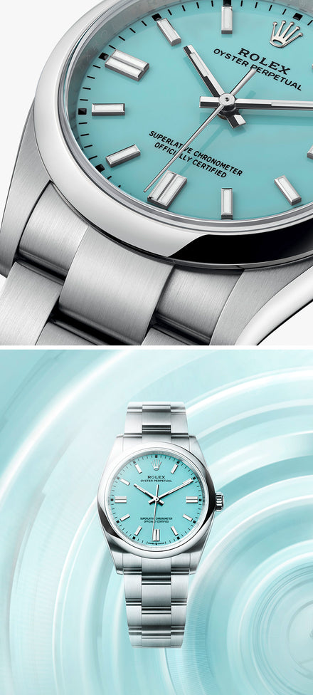 Close-up and full view of a silver Rolex watch with a turquoise dial and stainless steel bracelet.