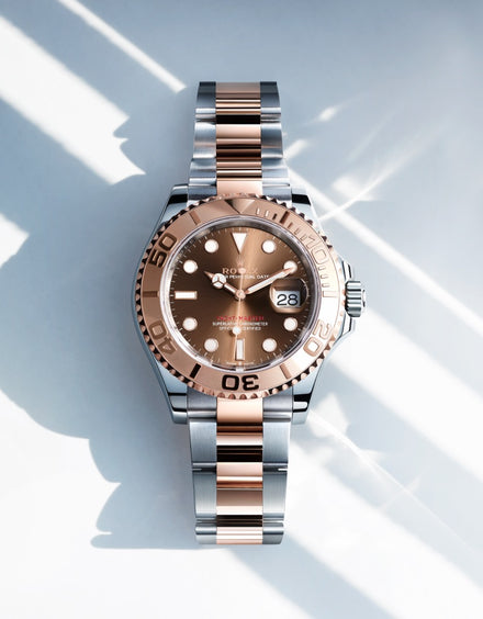 A two-tone Rolex wristwatch with a brown face and metal band, displayed under soft, bright lighting.