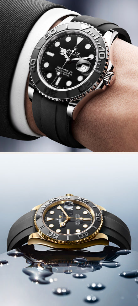 Two luxury wristwatches with black dials and rubber straps, one worn and one placed near water droplets.