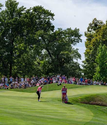 A golfer putts on a green while a crowd watches, with lush trees in the background on a sunny day.