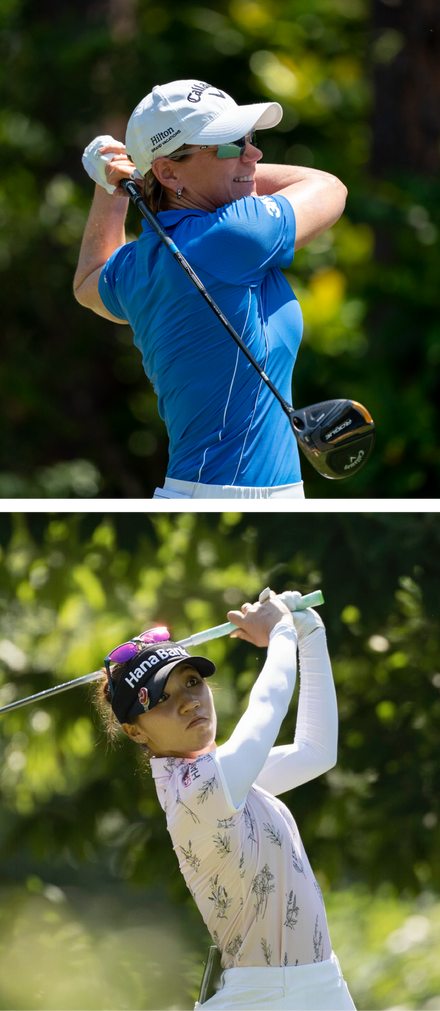 Two female golfers mid-swing, one in a blue shirt and cap, the other in a floral shirt and visor.
