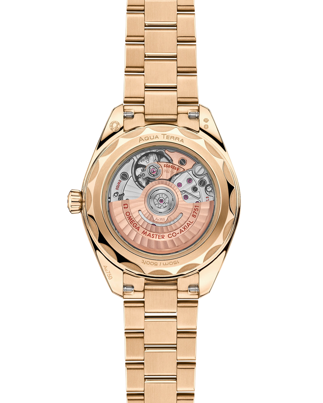 OMEGA Seamaster Aqua Terra 150M 30mm, Moonshine™ gold on Moonshine™ gold Watch with a transparent caseback on a Moonshine™ gold integrated bracelet.