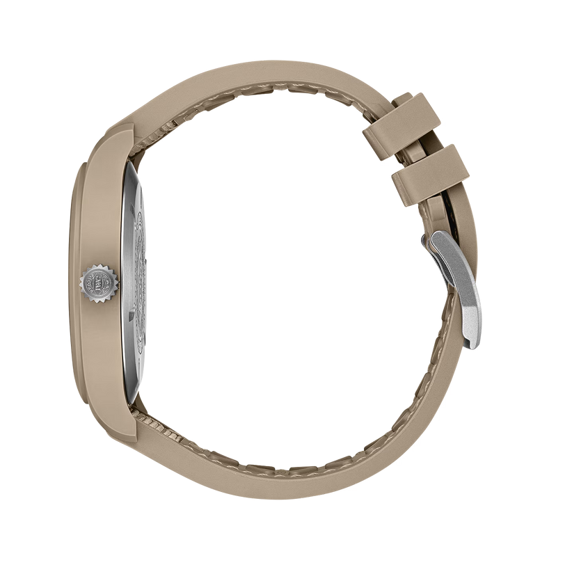 IWC Pilot's Watch TOP GUN Mojave Desert watch with brown strap side profile.