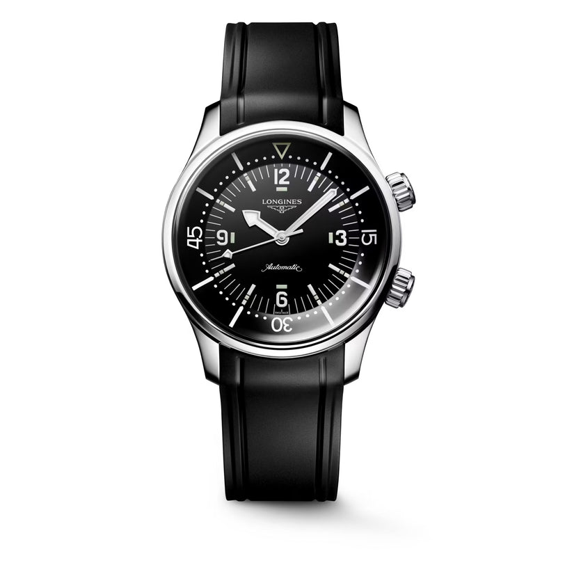 The Longines Legend Diver features a black dial, black rubber strap, and elegant black and silver design.