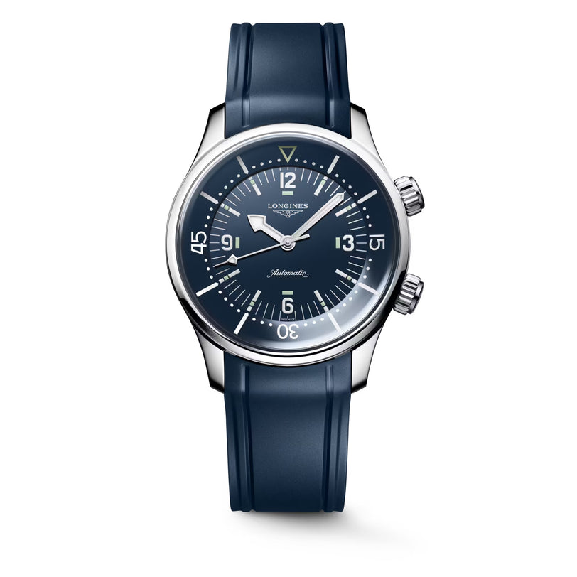 The Longines Legend Diver features a blue strap, blue dial, silver hour markers, and two crowns on the right side.
