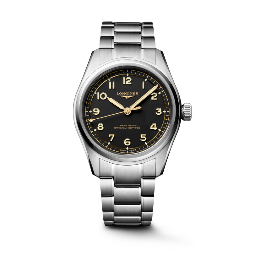 Longines Spirit Pilot watch with steel band and black and gold face
