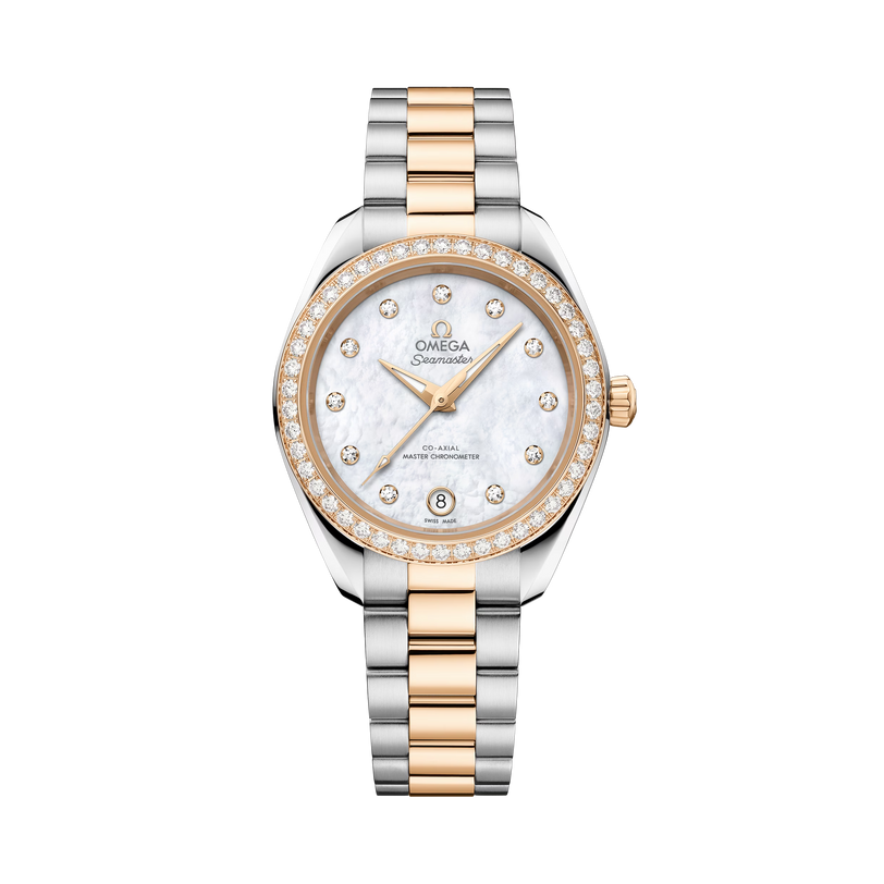 OMEGA Seamaster Aqua Terra 150M 30mm, Moonshine™ gold on Steel Watch, with a Diamond Bezel and Mother-of-Pearl Dial with Diamond Markers on a Moonshine™ gold on Steel integrated two-tone bracelet.